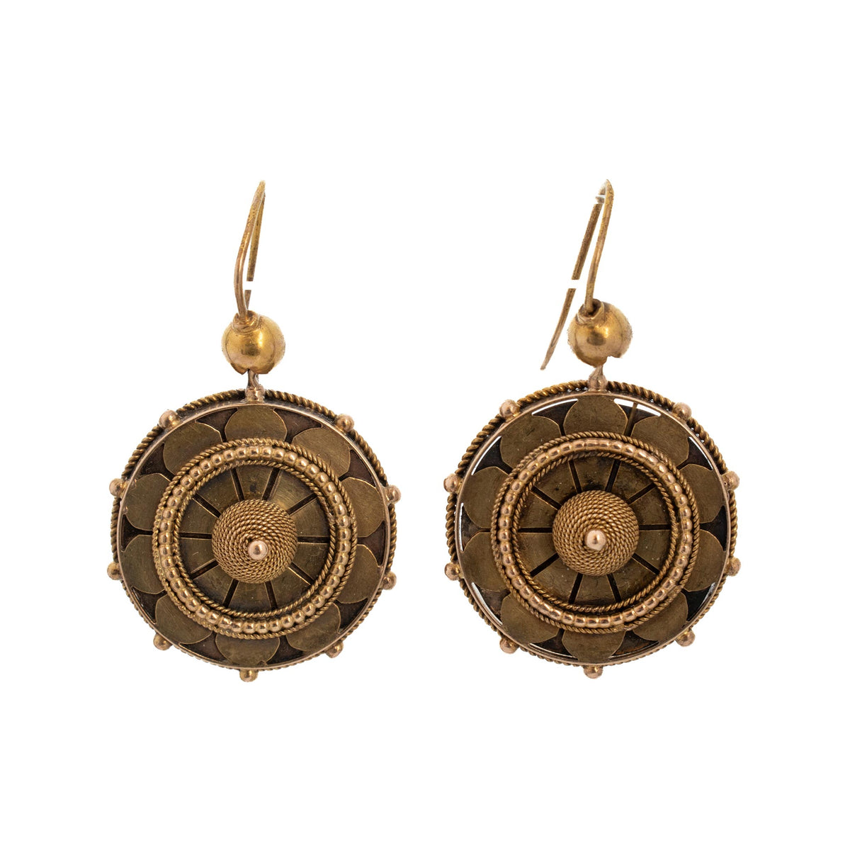 Victorian Etruscan Revival 14K yellow gold disc drop earrings with floral wirework, beaded details, and wire hooks.