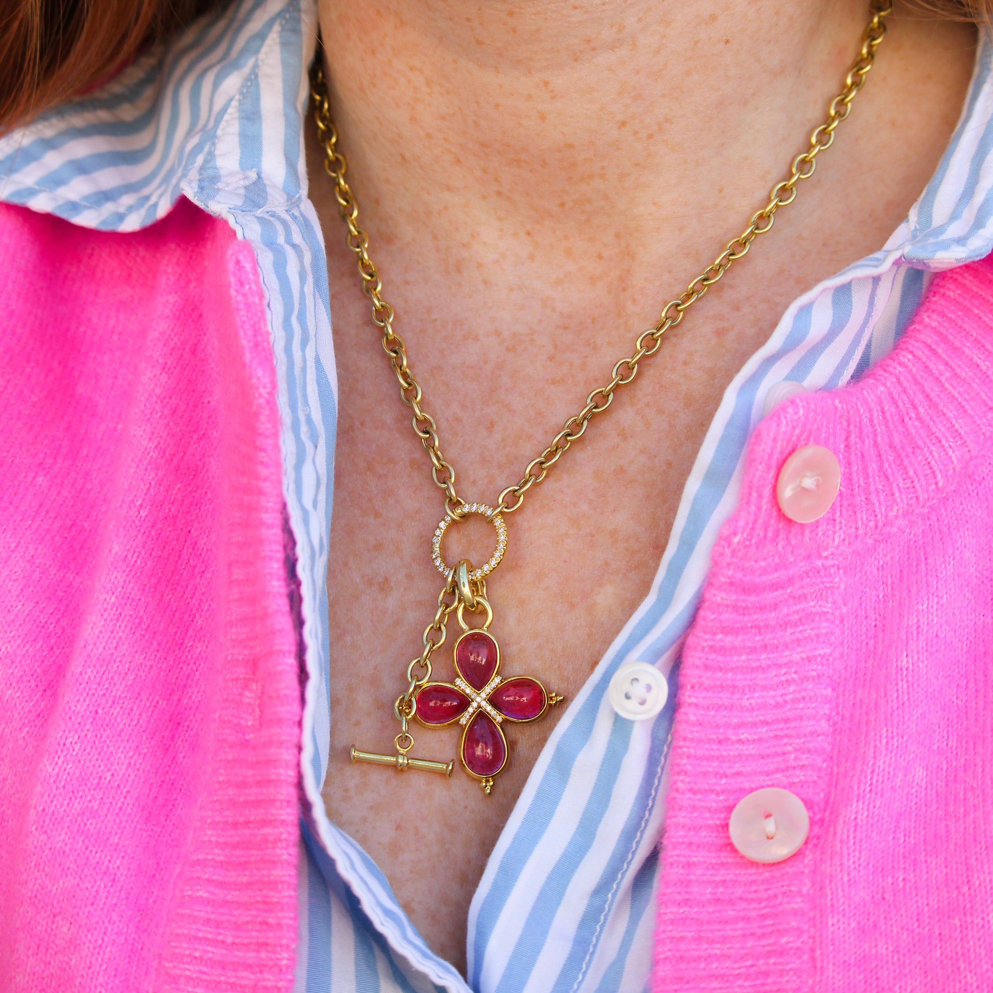 Mazza Diamond Charm Holder 14K Gold Cable Chain Necklace, Pink Tourmaline & Diamond 14K Gold Cross Pendant