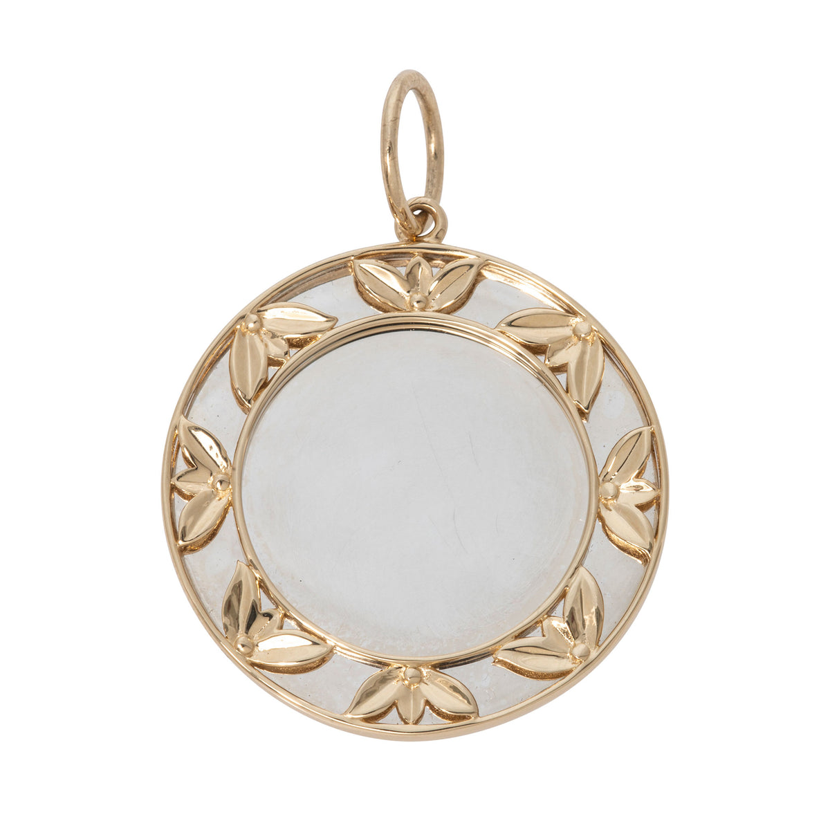 14K Yellow Gold Floral Border Silver Disc Pendant