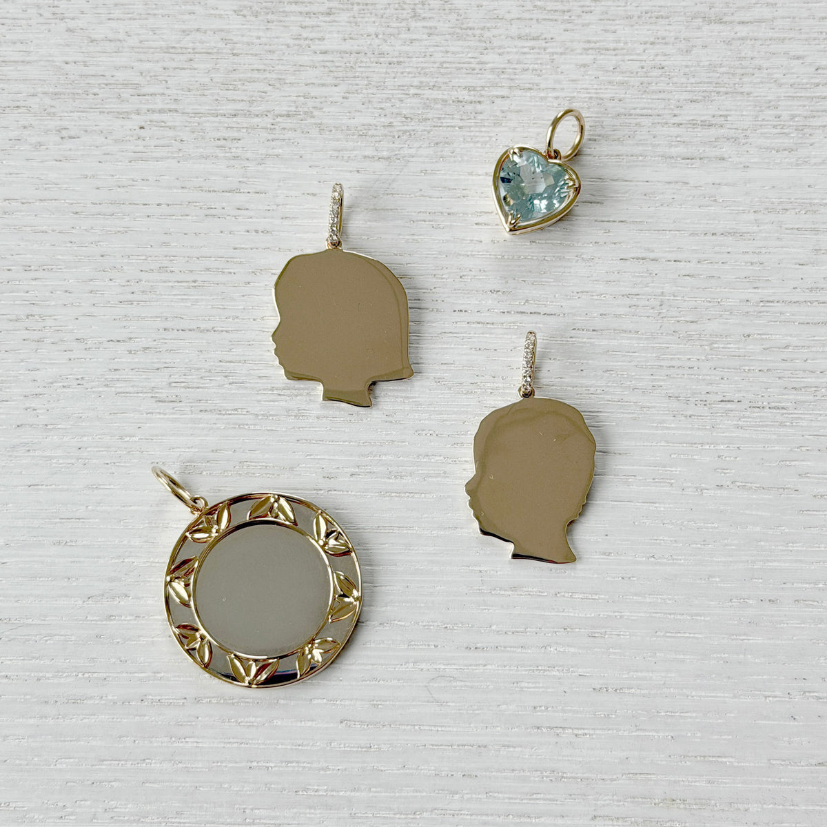 14K Yellow Gold Diamond Pavé Girl Silhouette Charm, 14K Yellow Gold Diamond Pavé Boy Silhouette Charm, 14K Yellow Gold Floral Border Silver Disc Pendant