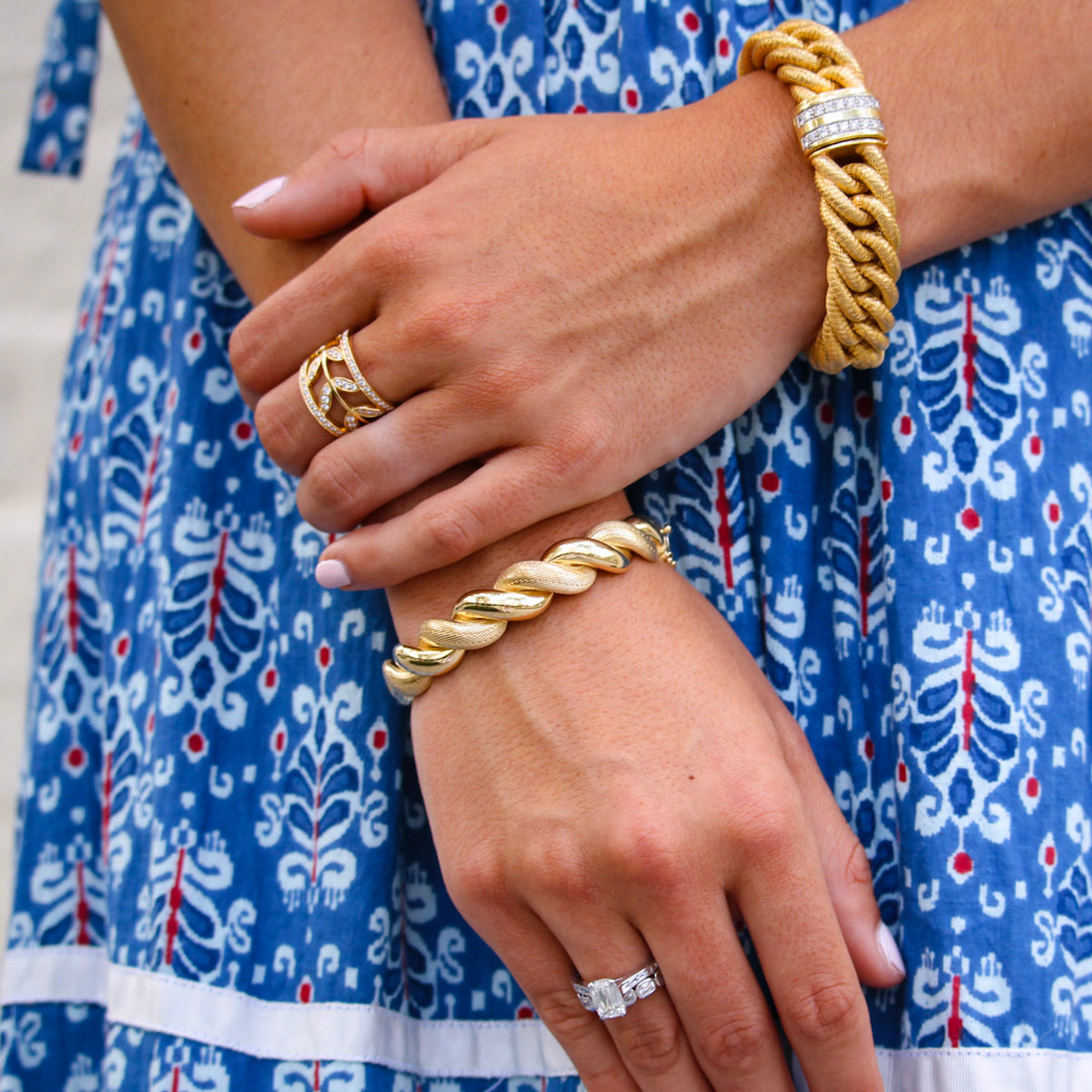 Temple St. Clair Diamond Vine Ring, Vintage Italian Diamond Clasp 18K Gold Mesh Link Bracelet, 14K Yellow Gold Textured & Polished Twisted Bangle, 1.5ct Cushion Center & .22ctw Baguette Side Diamond 18K Gold Ring, .72ctw Cushion Diamond Bezel Set 18K White Gold Halfway Band