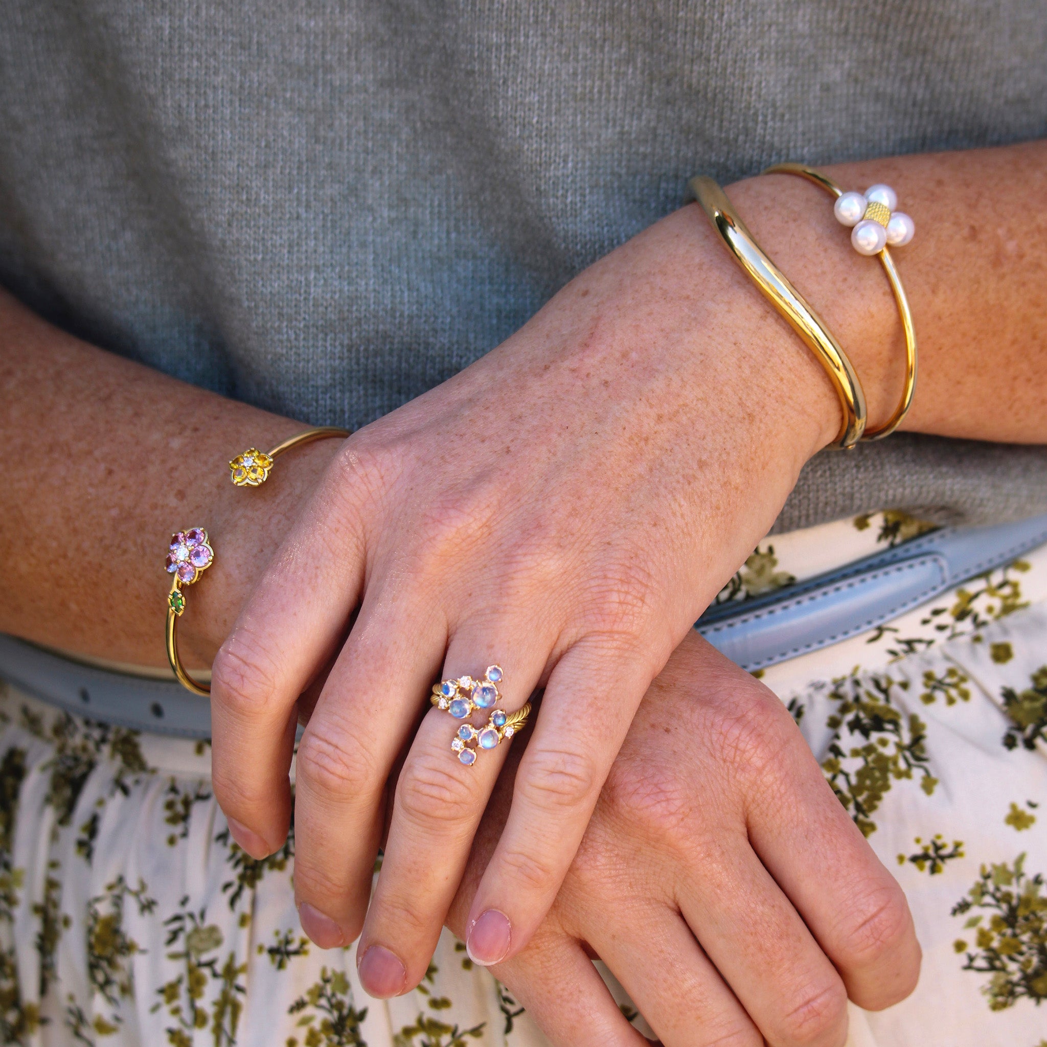 Paul Morelli Yellow & Pink Sapphire Wild Child Bangle, Paul Morelli Pearl Sequence Cuff Bracelet, Paul Morelli Ultimate Gold Mini Bangle Bracelet, Paul Morelli Moonstone & Diamond Bubble Bypass Ring