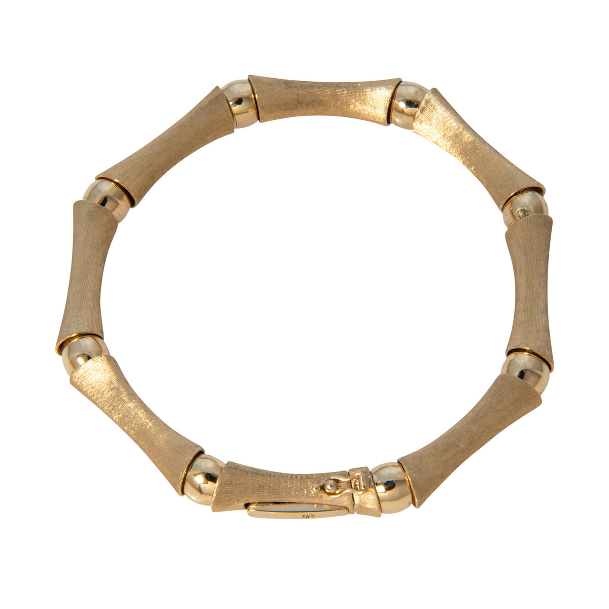 Top view of a 14K yellow gold bamboo link bracelet arranged in a circle, showing satin-finish links and polished connectors.