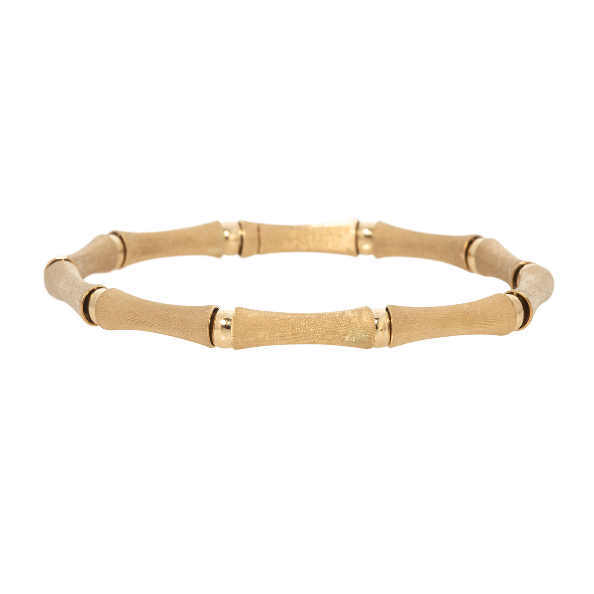 14K yellow gold bamboo link bracelet with satin-finish links and polished connectors, shown at an angle.