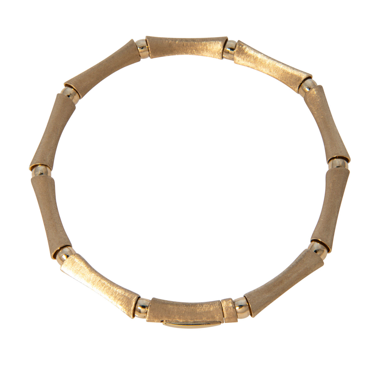 Top view of a 14K yellow gold bamboo link bracelet arranged in a circle, showing satin-finish links and polished connectors.