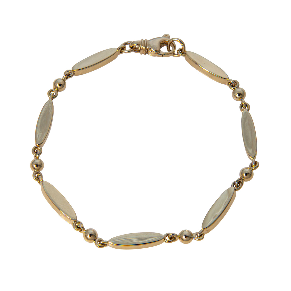 14K yellow gold bracelet with polished engravable rice-shaped links alternating with round gold beads and a lobster clasp.