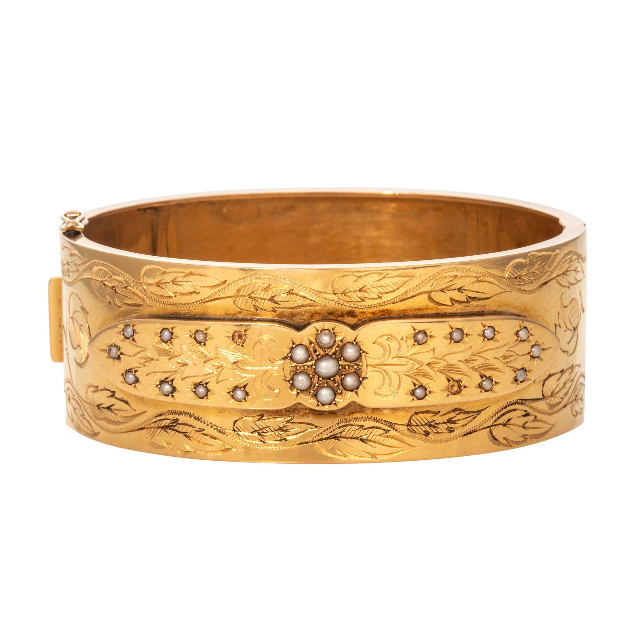 Victorian Seed Pearl Hand Engraved 18K Gold Wide Bangle