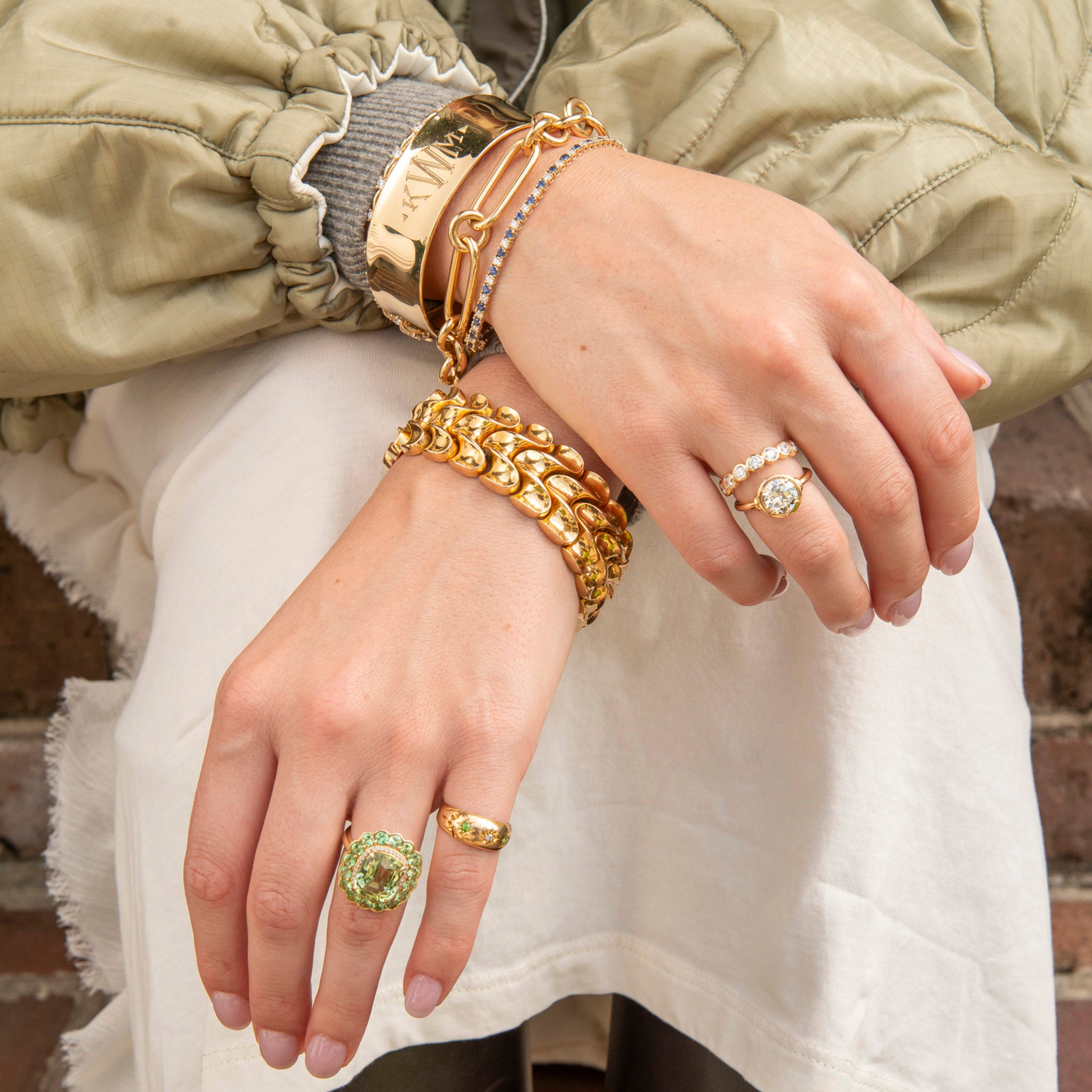 Vintage 18K Yellow Gold Wave Bracelet, Goshwara Tourmaline, Tsavorite & Diamond 18K Gold Ring, 18K Yellow Gold Italian Oblong & Round Link Bracelet