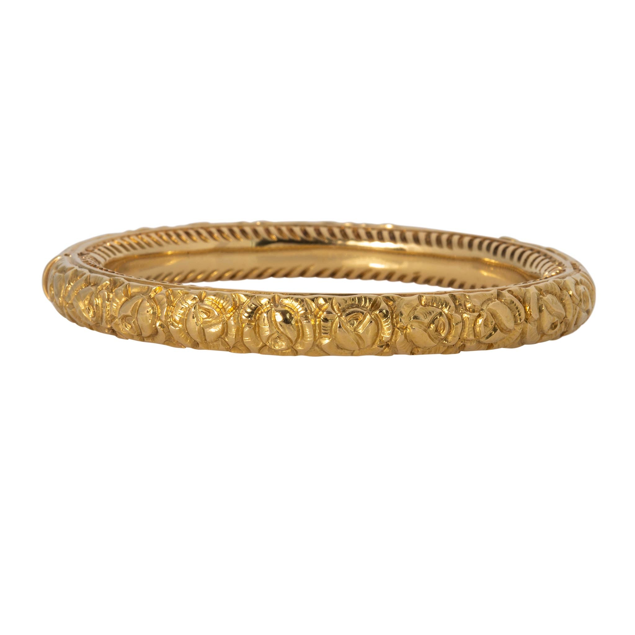 Victorian Style Italian Floral Repoussé 18K Yellow Gold Bangle