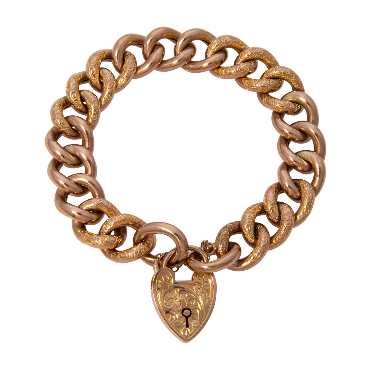 Victorian 9K Gold Engraved Heart Padlock & Curb Link Bracelet