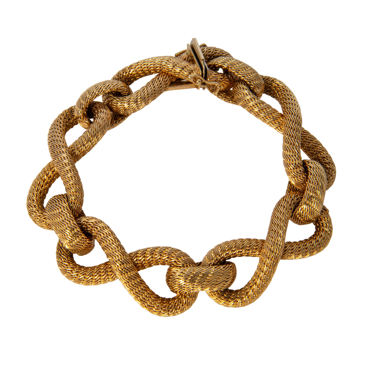 Vintage Italian Filippini 18K yellow gold bracelet with woven mesh figure-eight and oval links.