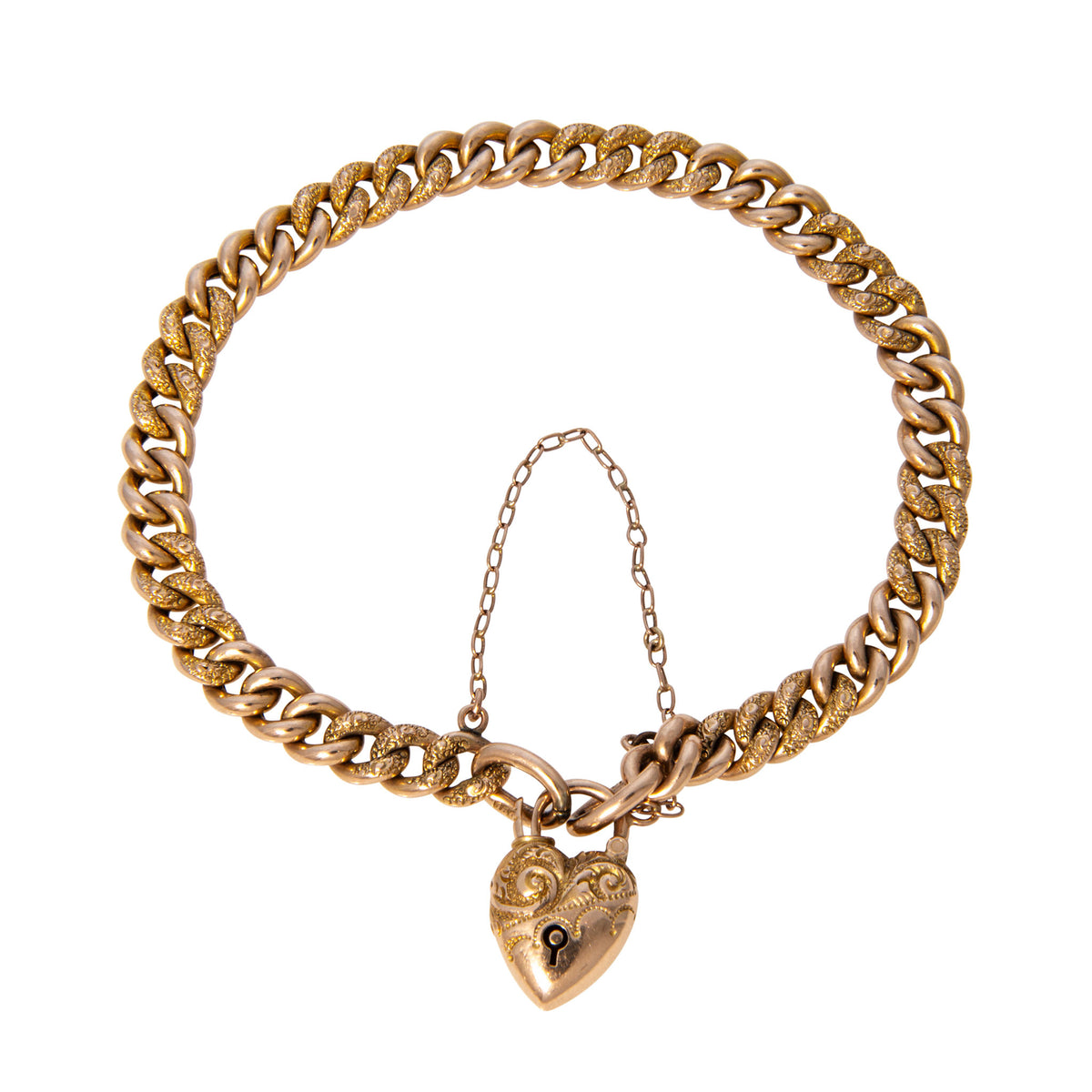 Victorian 15K Gold Engraved Heart Padlock & Curb Link Bracelet