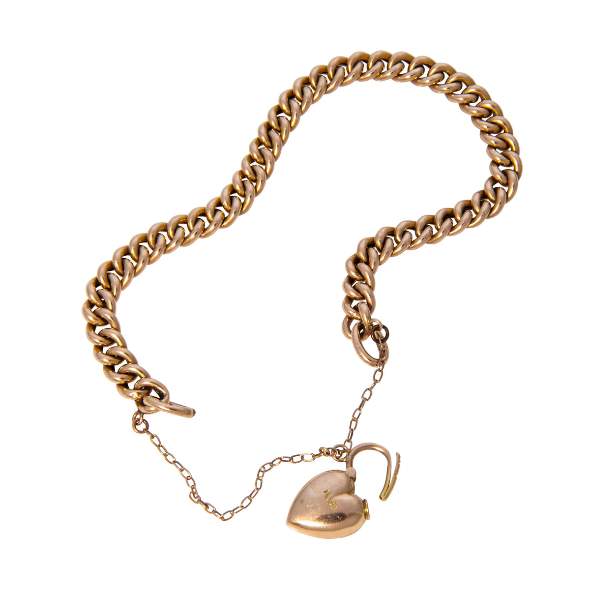 Victorian 15K Gold Engraved Heart Padlock & Curb Link Bracelet