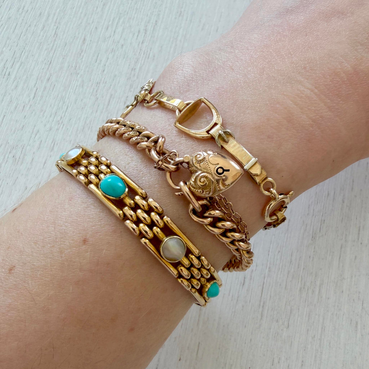 Victorian 15K Gold Engraved Heart Padlock & Curb Link Bracelet