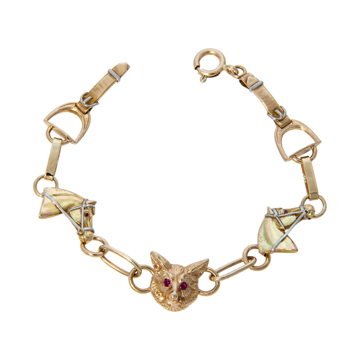 A vintage gold link bracelet featuring a central gold fox head charm with red gemstone eyes, flanked by gold boat charms and D-ring links, shown on a plain white background.