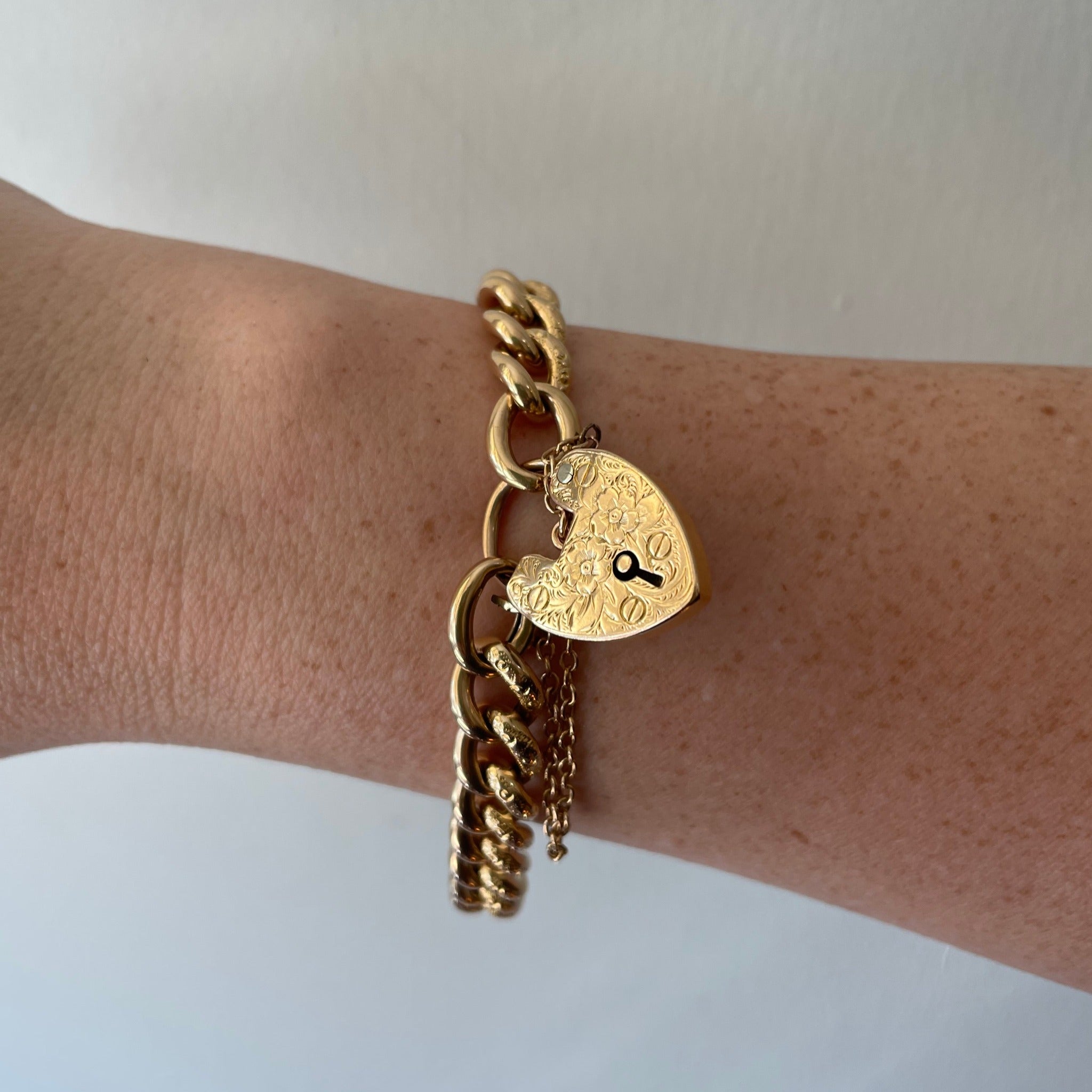 Victorian 14K Gold Engraved Heart Padlock Curb Link Bracelet