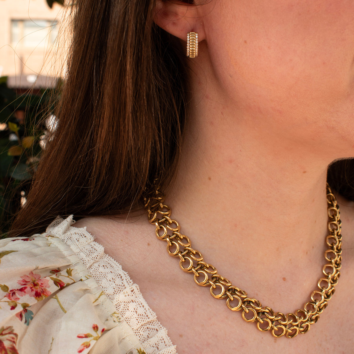 Diamond 14K Yellow Gold Fluted Huggie Earrings, Vintage 18K Yellow Gold Looped Circle Link Necklace 17"