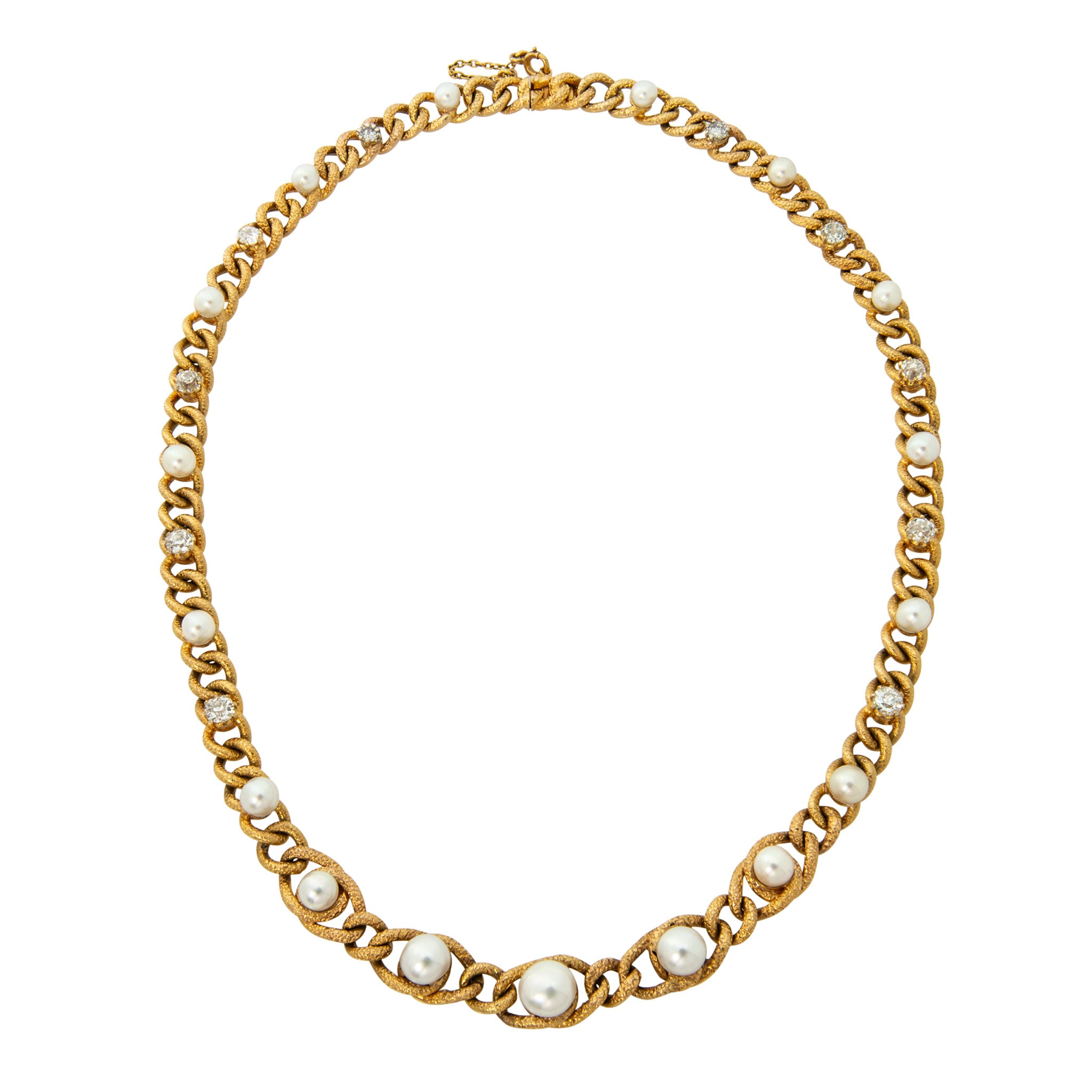 Vintage French Diamond & Cultured Pearl 18K Gold Link Necklace 17"