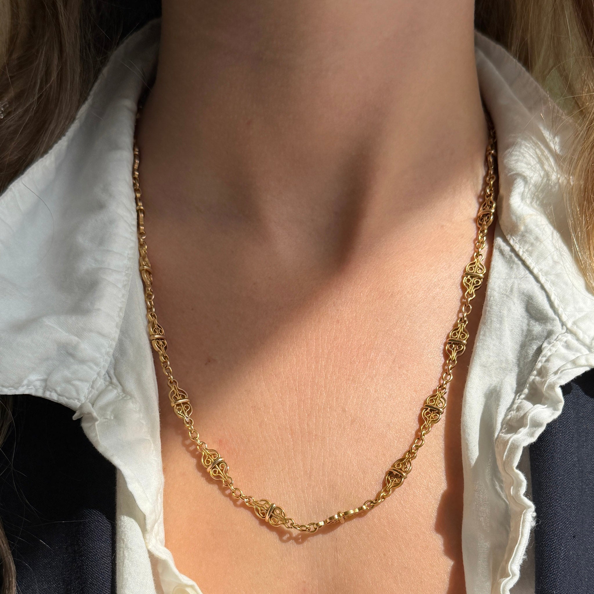 Victorian Style 18K Gold Filigree Link Chain Necklace 21"