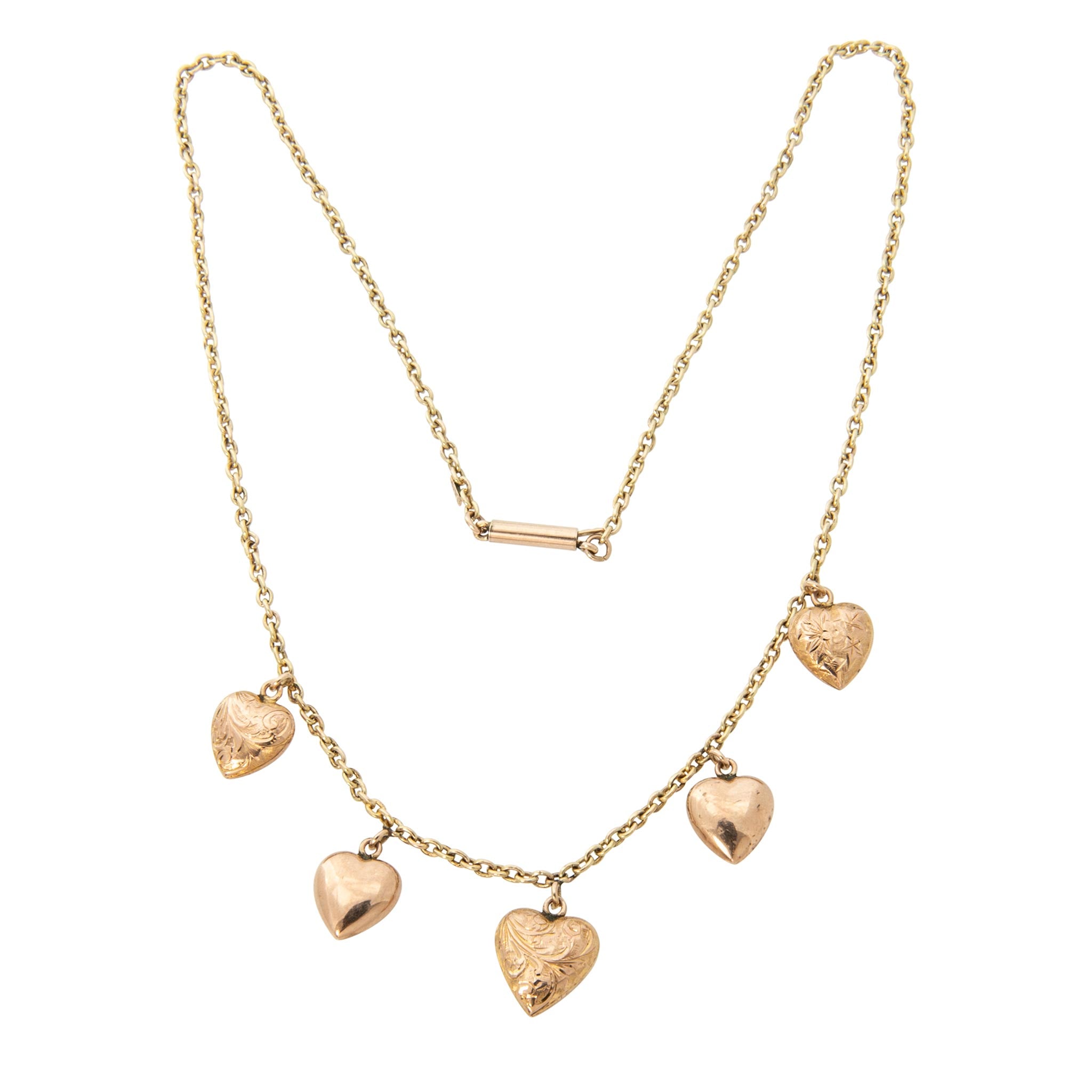 Victorian Style 9K Gold 5-Heart Charm Station Necklace