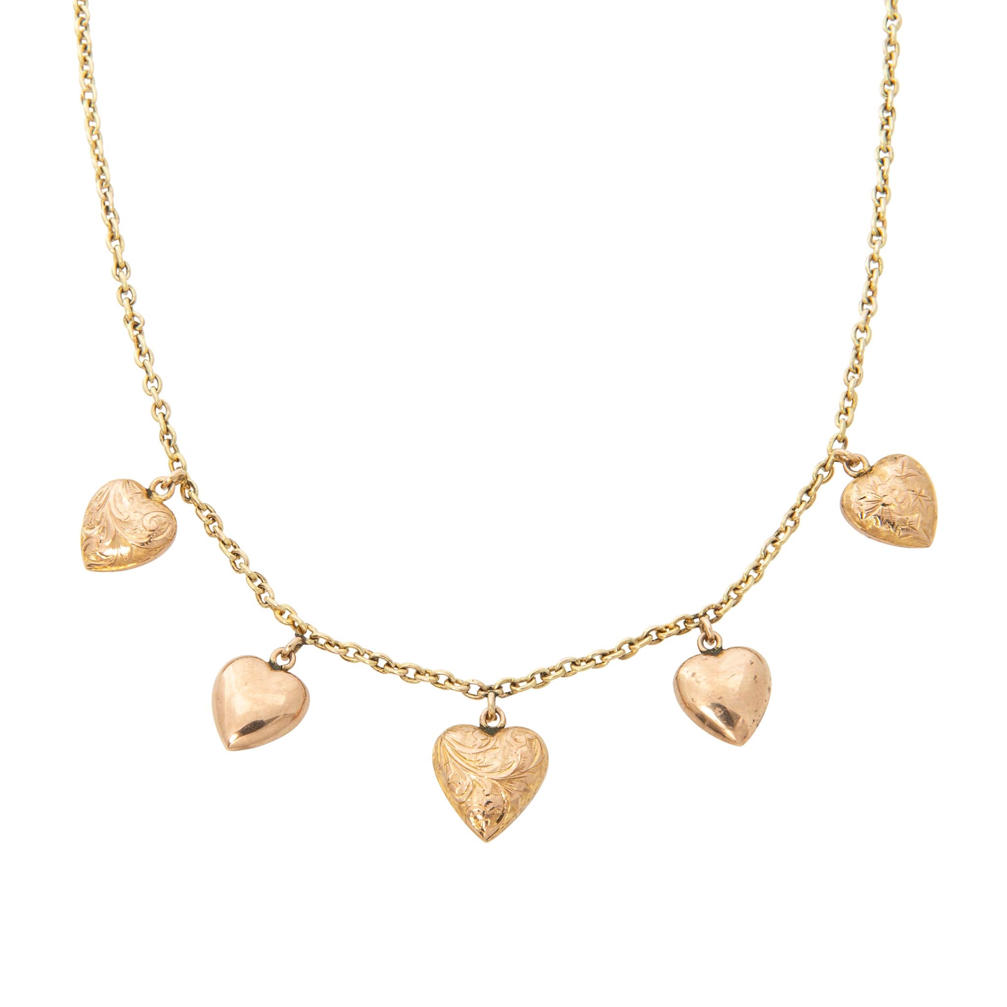 Victorian Style 9K Gold 5-Heart Charm Station Necklace