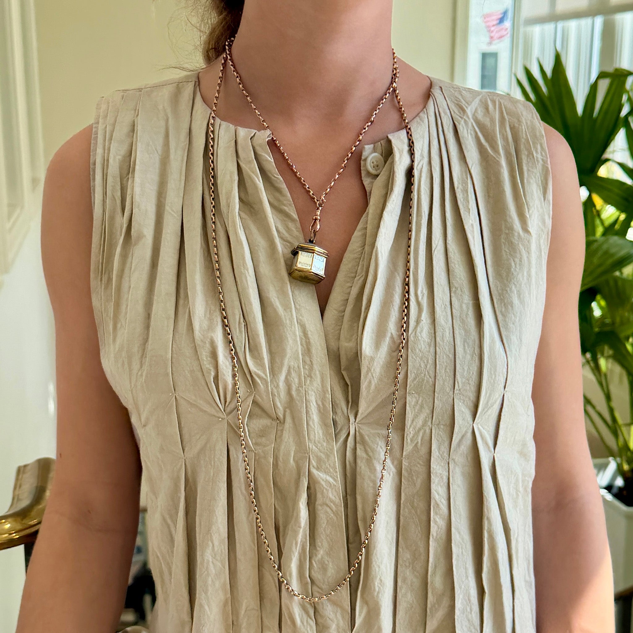 Victorian 9K Gold Belcher Link Guard Chain 58.5" and Georgian Mother of Pearl Pinchbeck Snuff Pendant