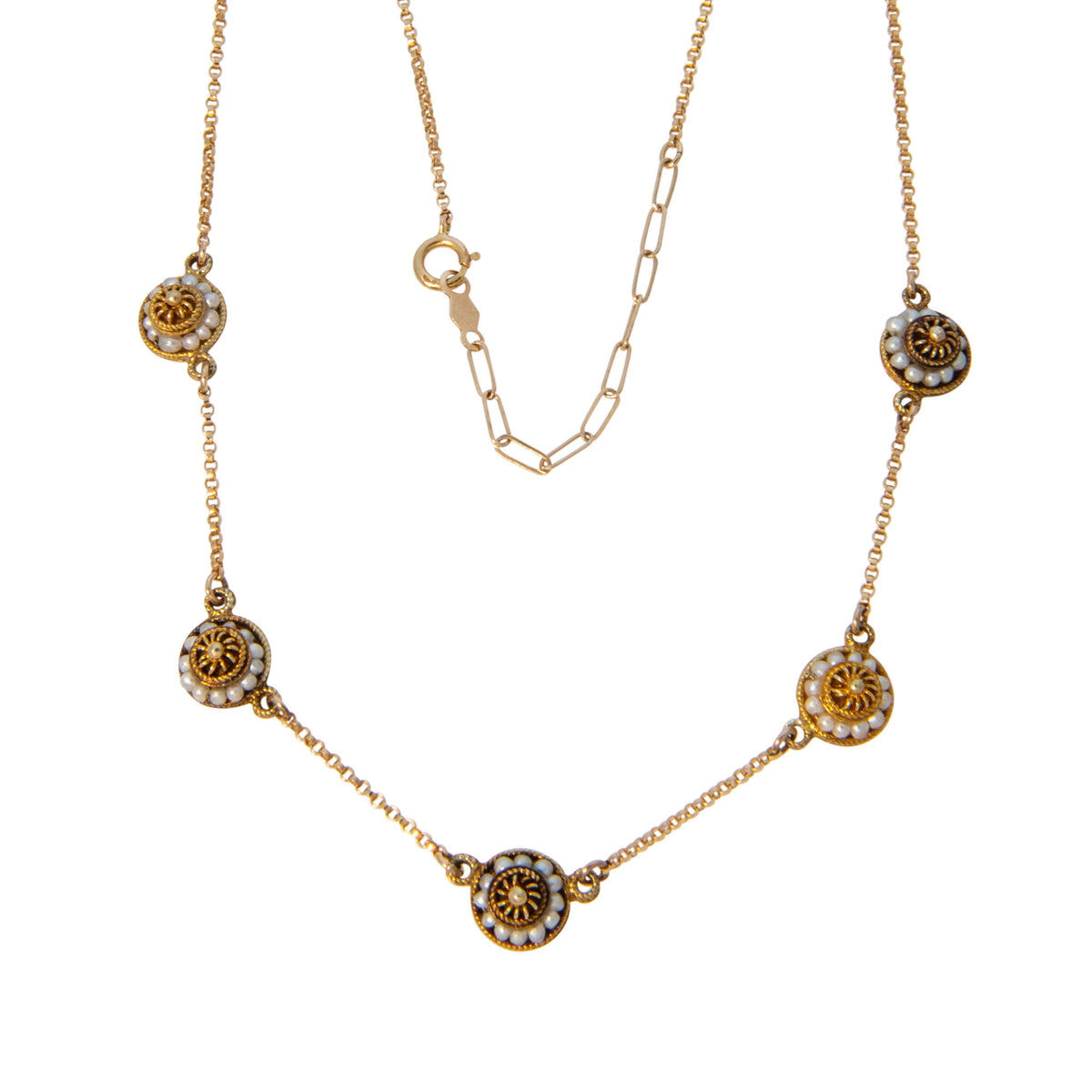 Vintage Etruscan-style 14K yellow gold necklace with five rosette disc stations bordered by seed pearls.