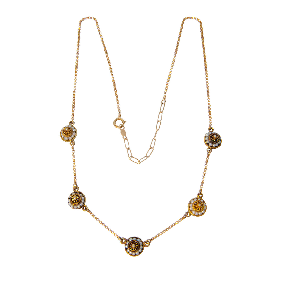 Full view of Etruscan-style seed pearl disc station necklace in 14K yellow gold with extender chain and spring ring clasp.