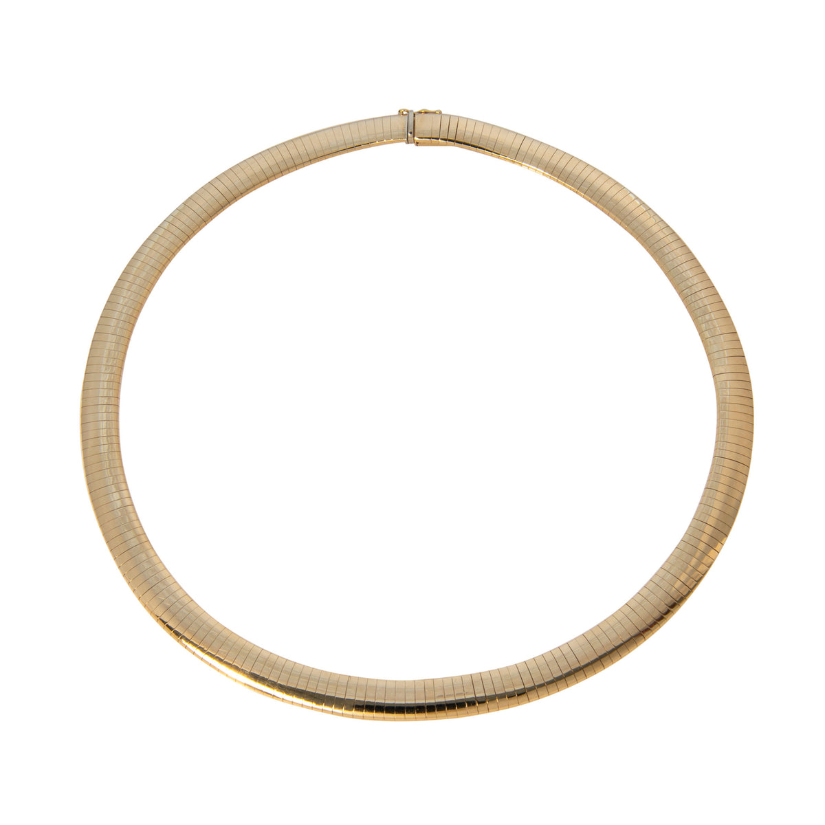 Estate 14K yellow gold omega collar necklace with a polished, finely segmented band, shown on a white background.