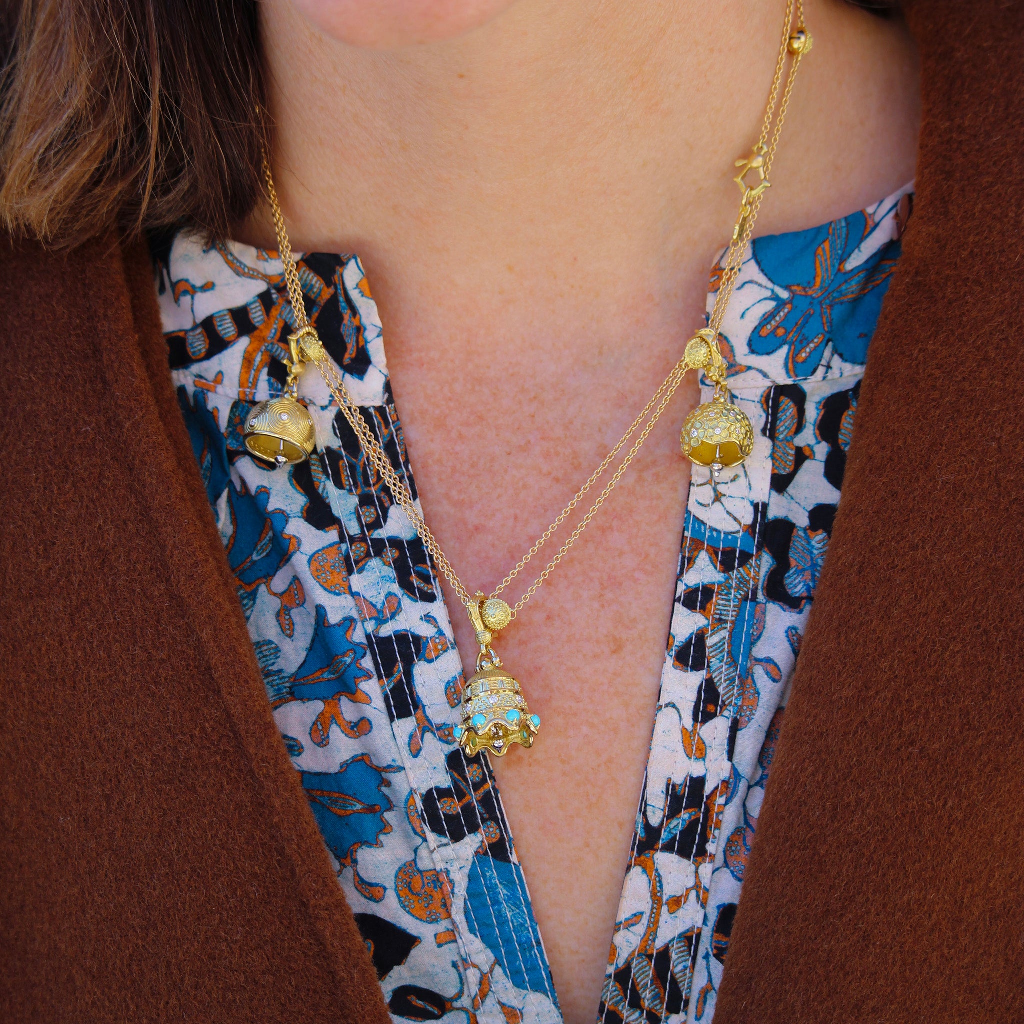 Paul Morelli Diamond Hydrangea Meditation Bell 14mm, Paul Morelli Turquoise & Diamond Temple Meditation Bell, Paul Morelli Inline Meditation Bell Necklace 36"