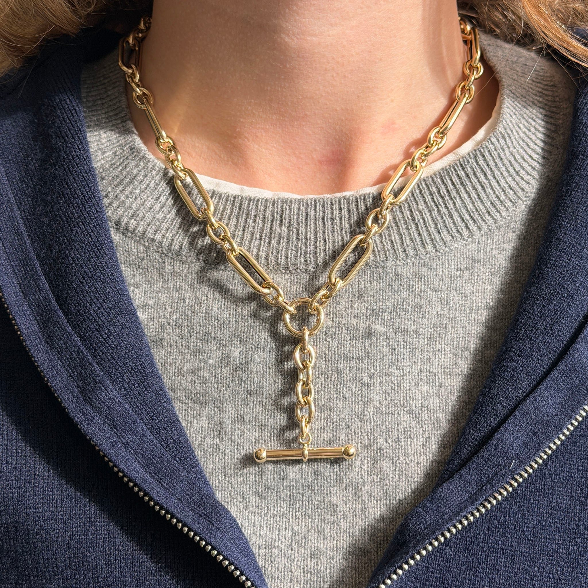 14K Yellow Gold Italian Mixed Link & T-Bar Drop Necklace