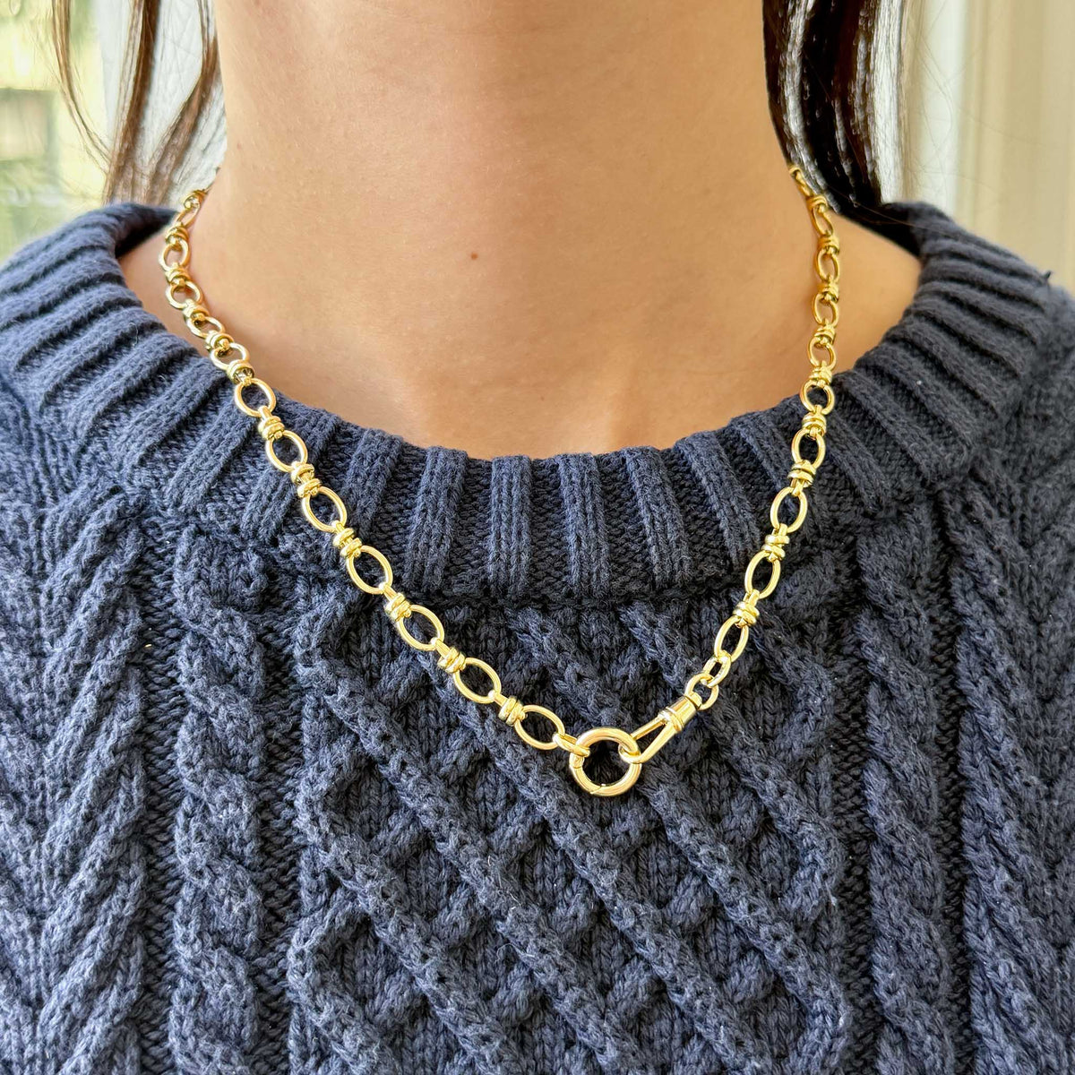 14K Yellow Gold Push Clip Enhancers & Oval Rondelle Link Chain Necklace 18"