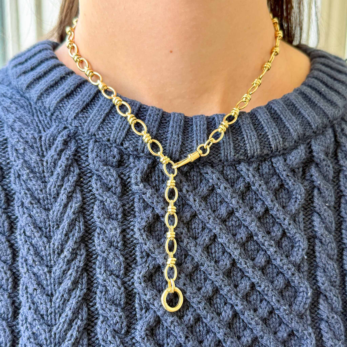 14K Yellow Gold Push Clip Enhancers & Oval Rondelle Link Chain Necklace 18"