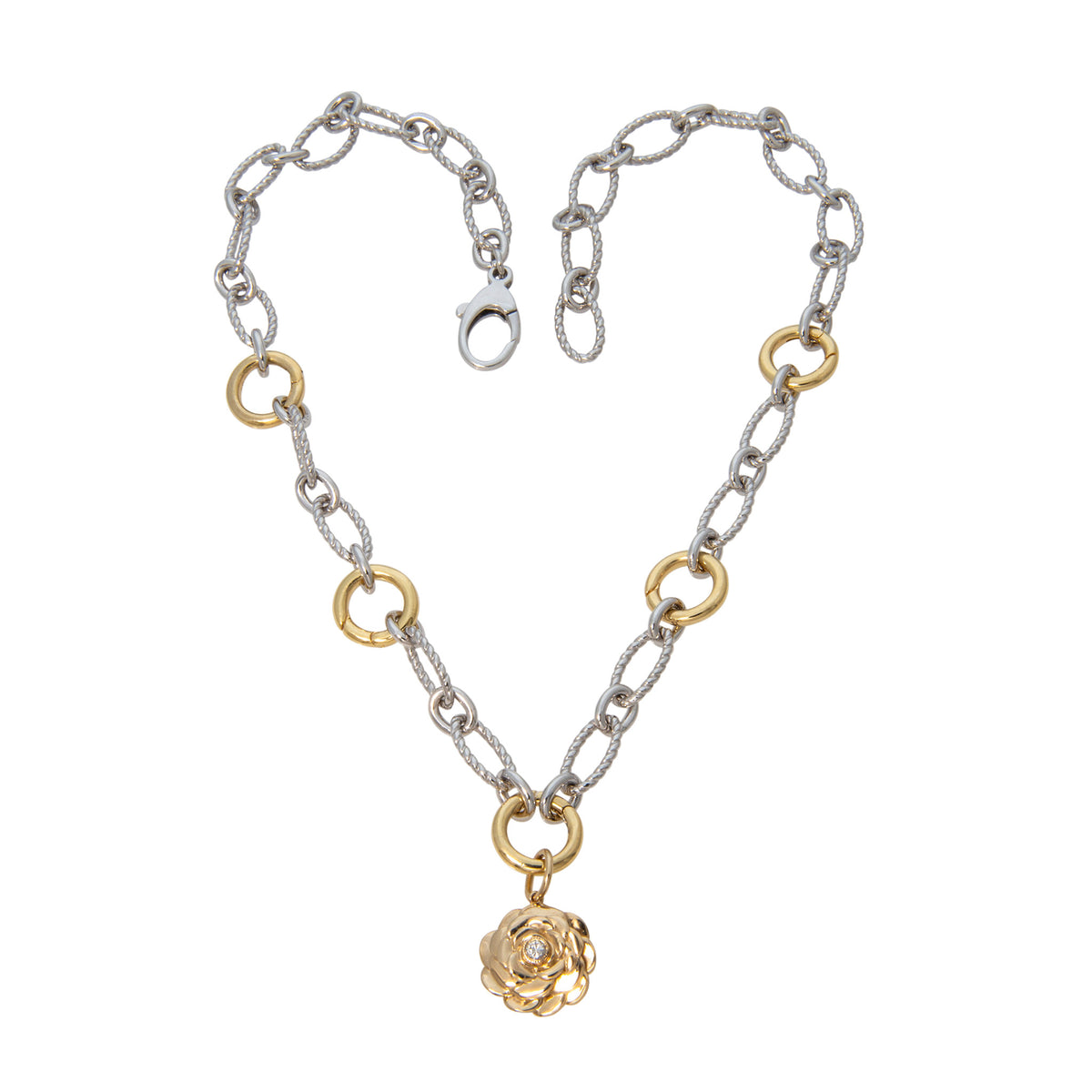 Five-Station Charm Holder Mixed Oval Link Two-Tone Necklace and Camellia Pendant