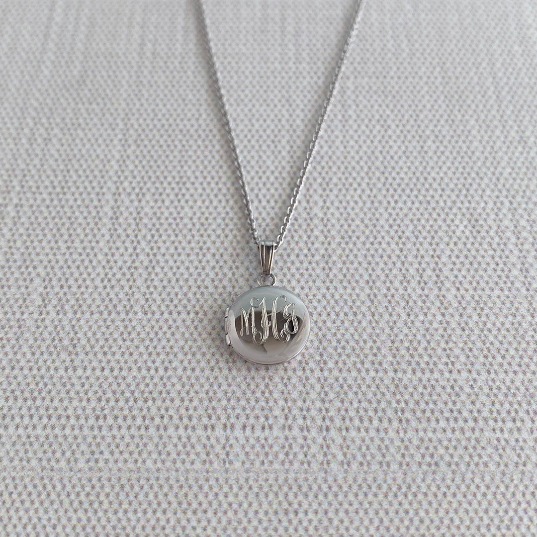 Baby Sterling Silver Round Locket Necklace with machine engraving