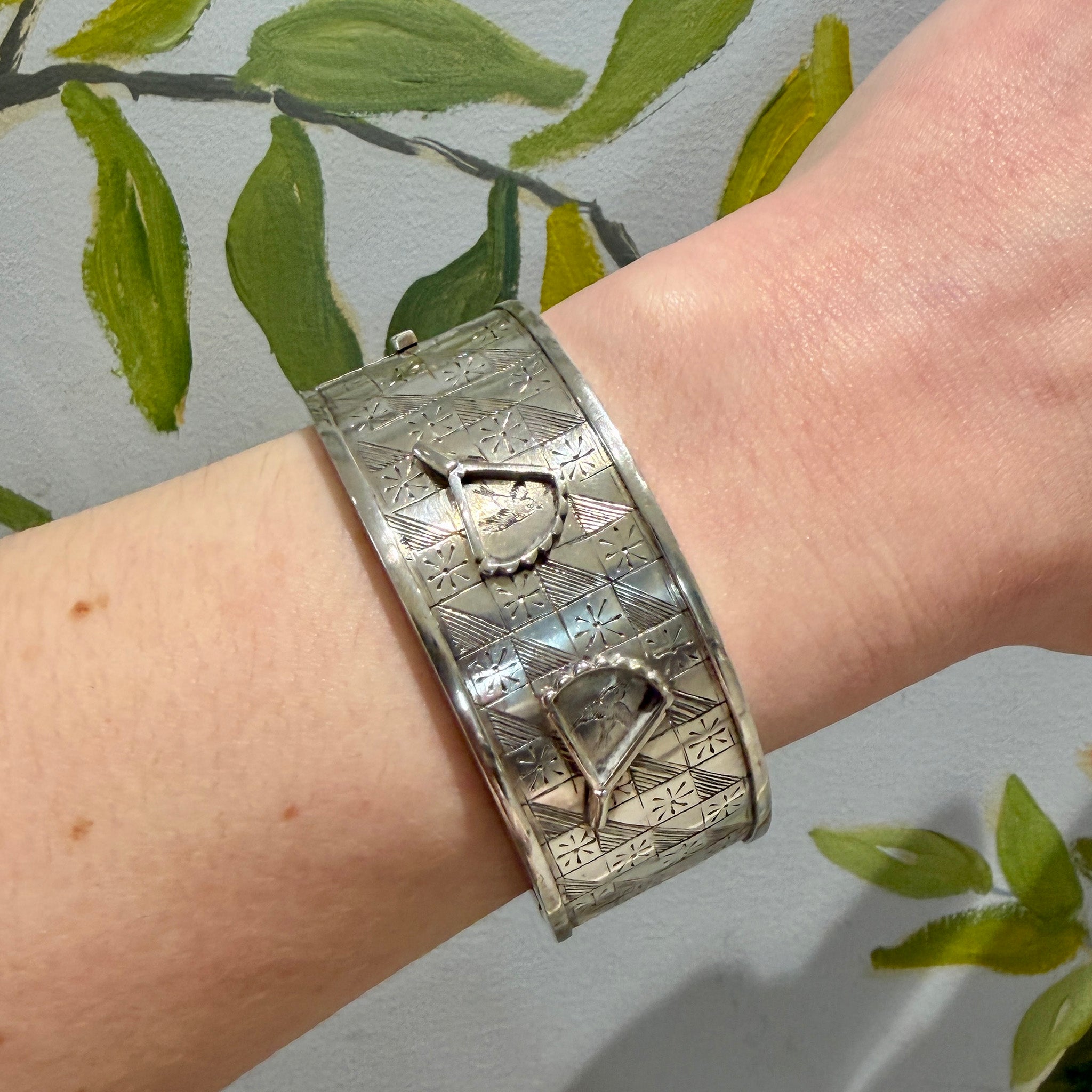 Victorian Engraved Sterling Silver Wide Bangle