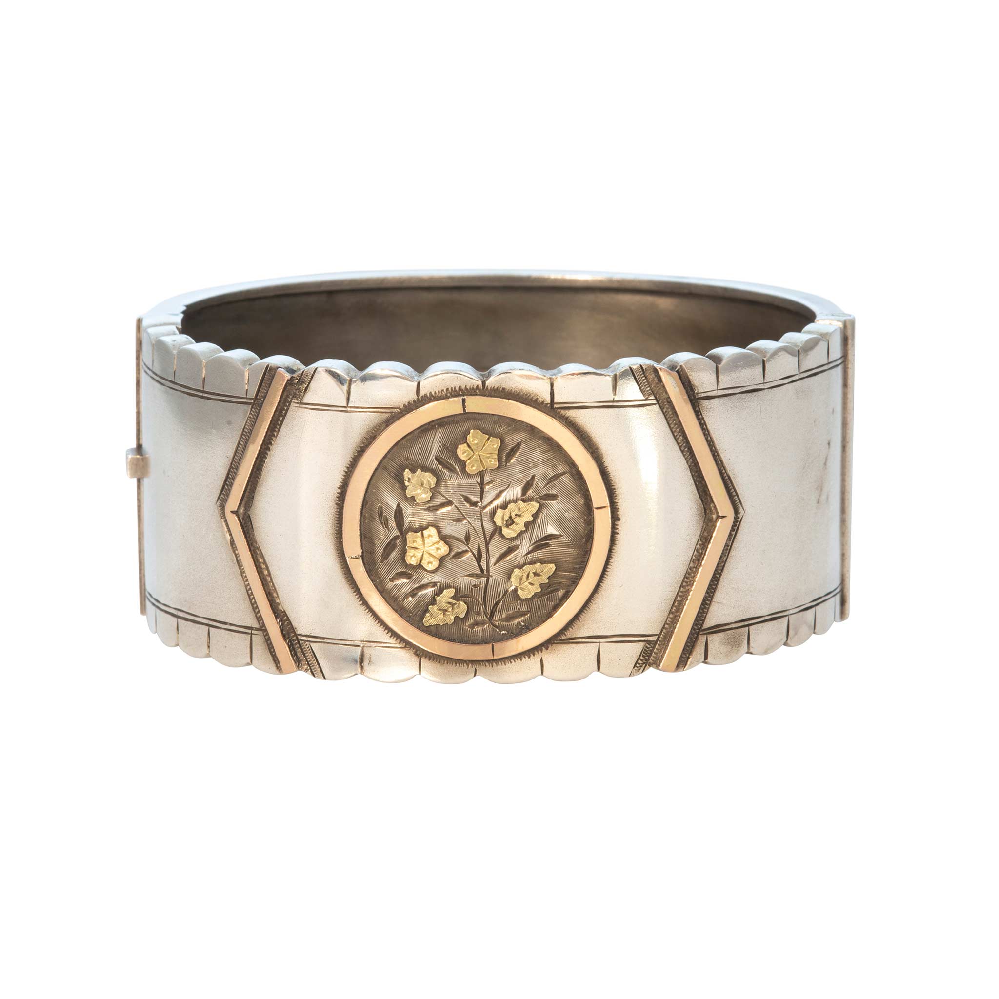 Victorian Aesthetic Period Gold Overlay Sterling Silver Wide Bangle