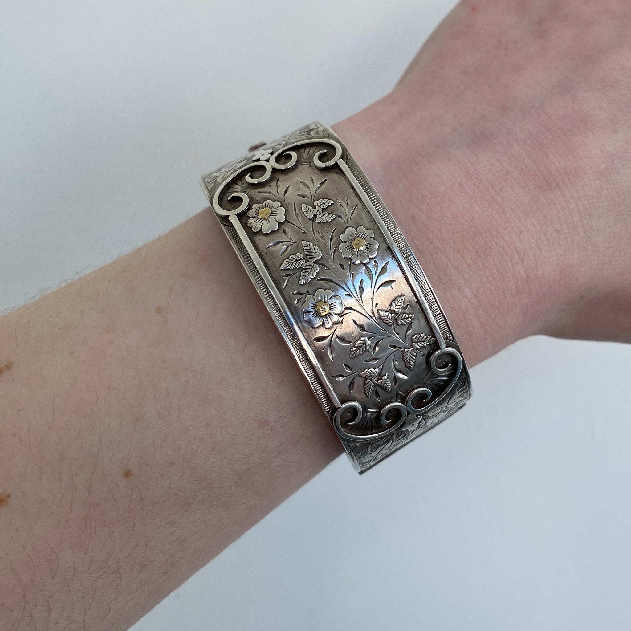 Victorian Gold Overlay Sterling Silver Wide Bangle