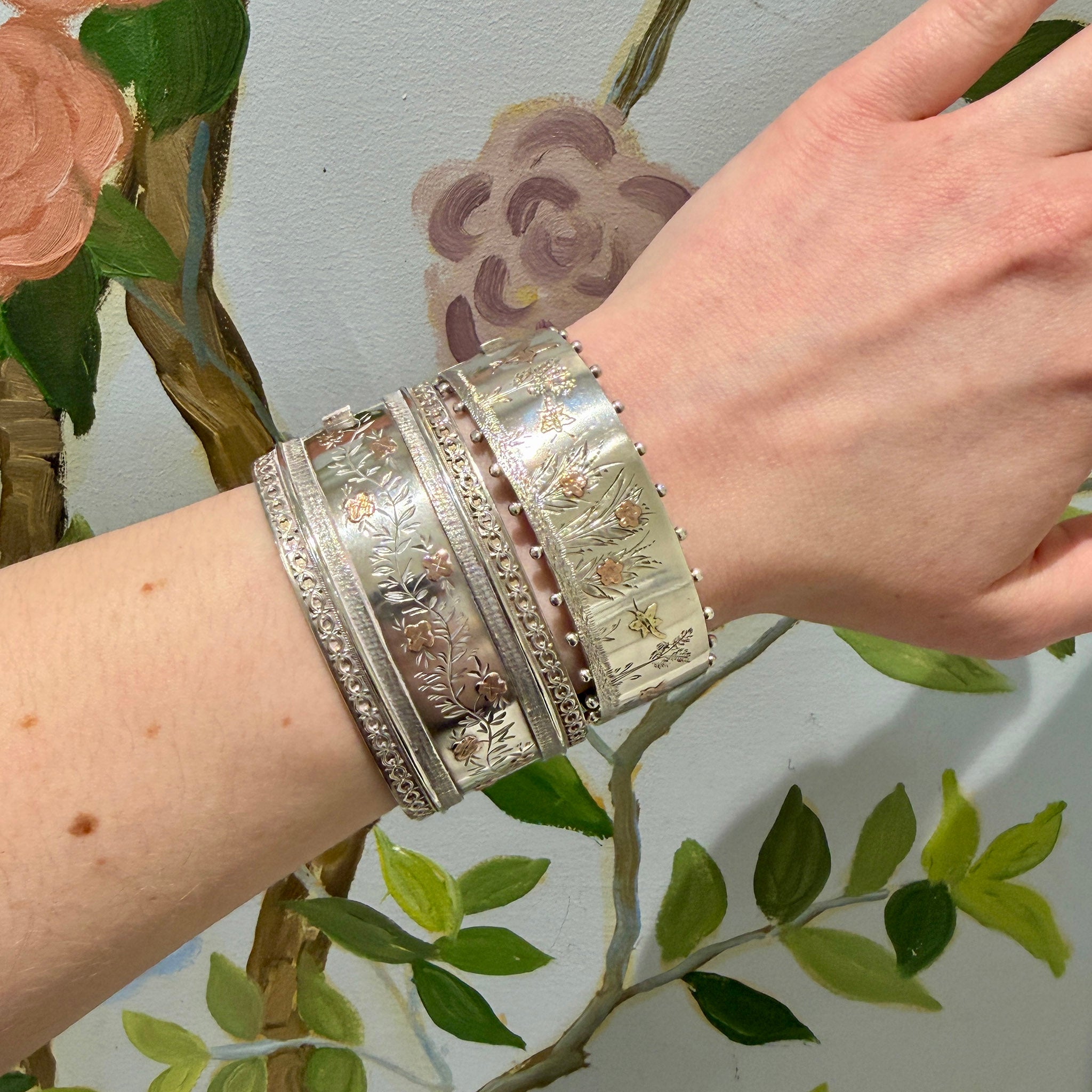 Victorian Gold Overlay Sterling Silver Bangle, Victorian Gold Overlay Sterling Silver Wide Bangle