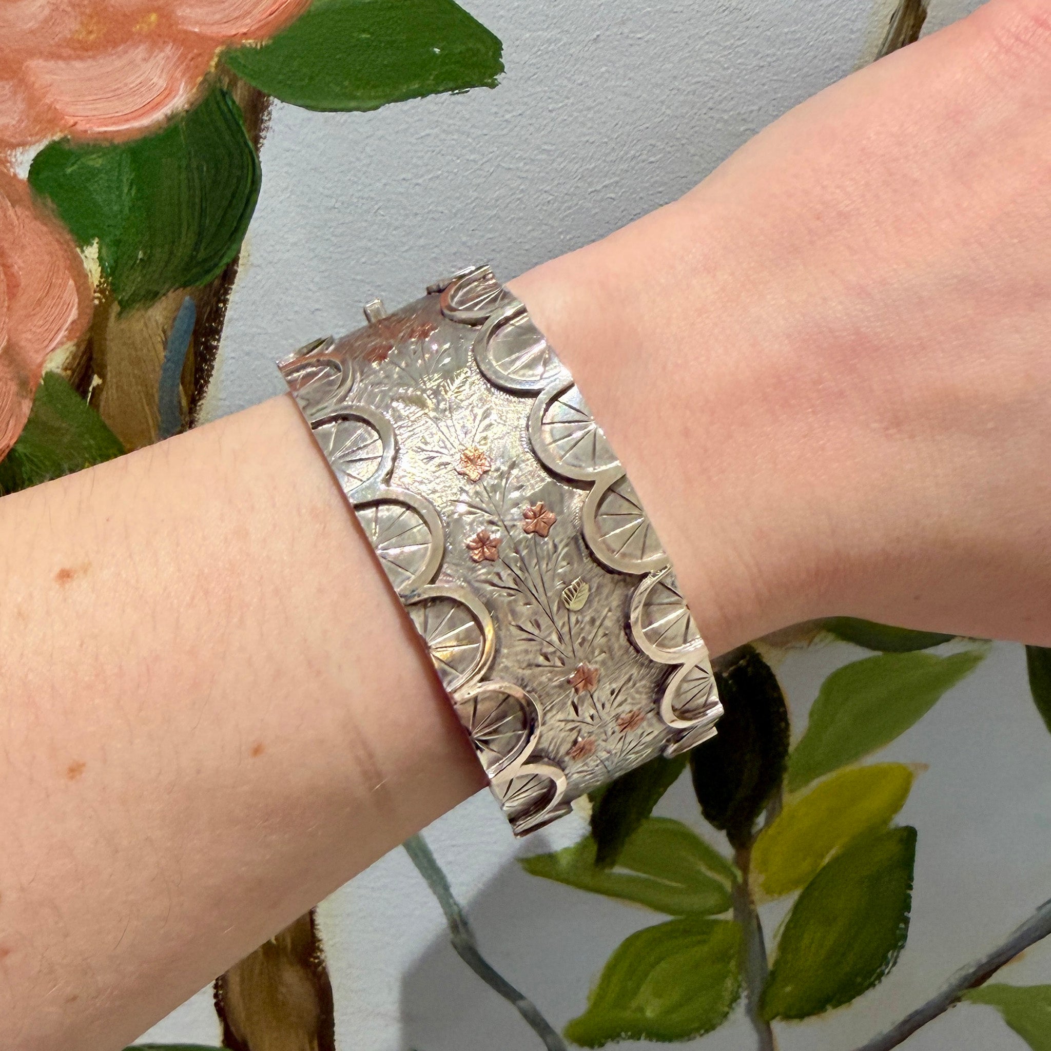 Victorian Gold Overlay Sterling Silver Wide Bangle