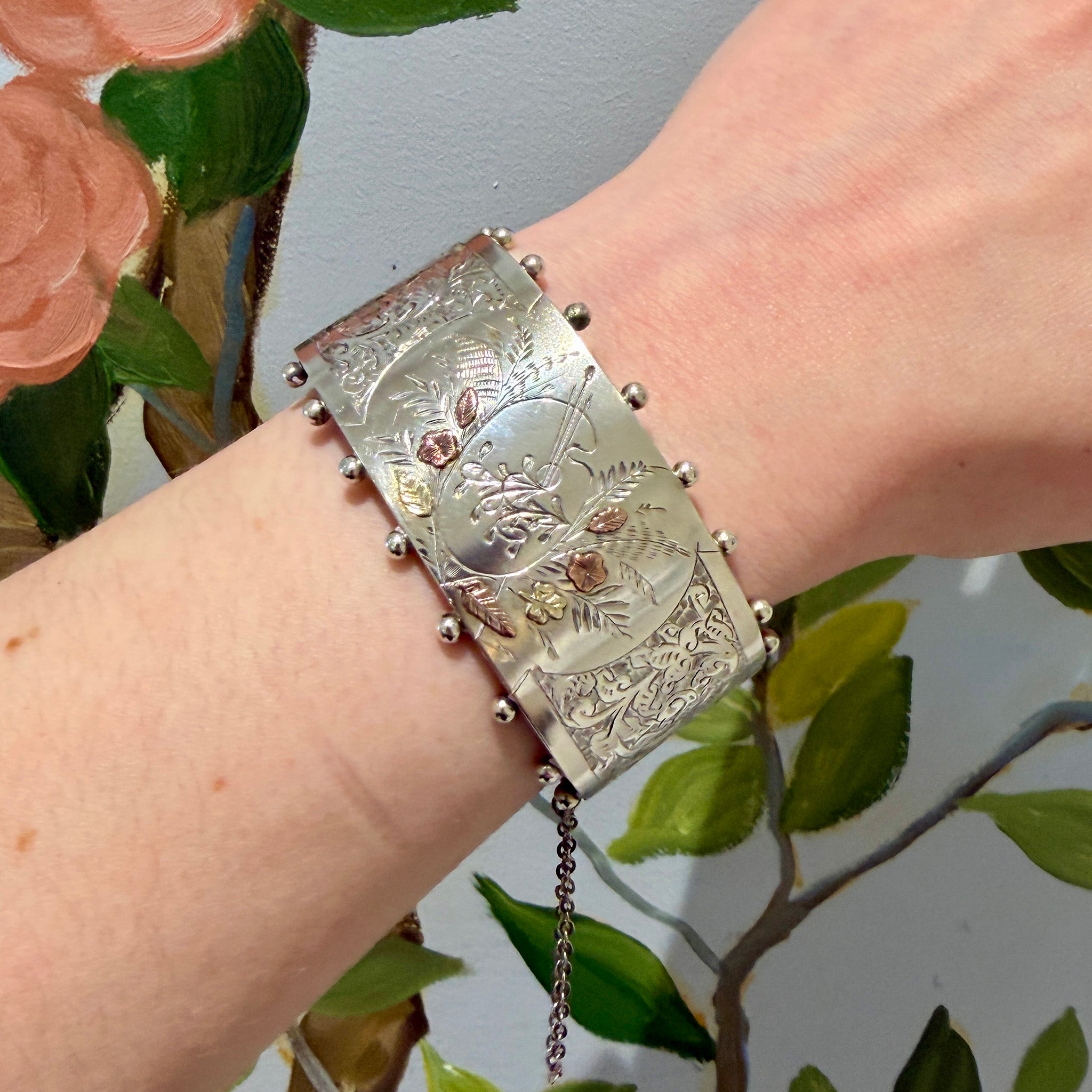 Victorian Gold Overlay Sterling Silver Wide Bangle