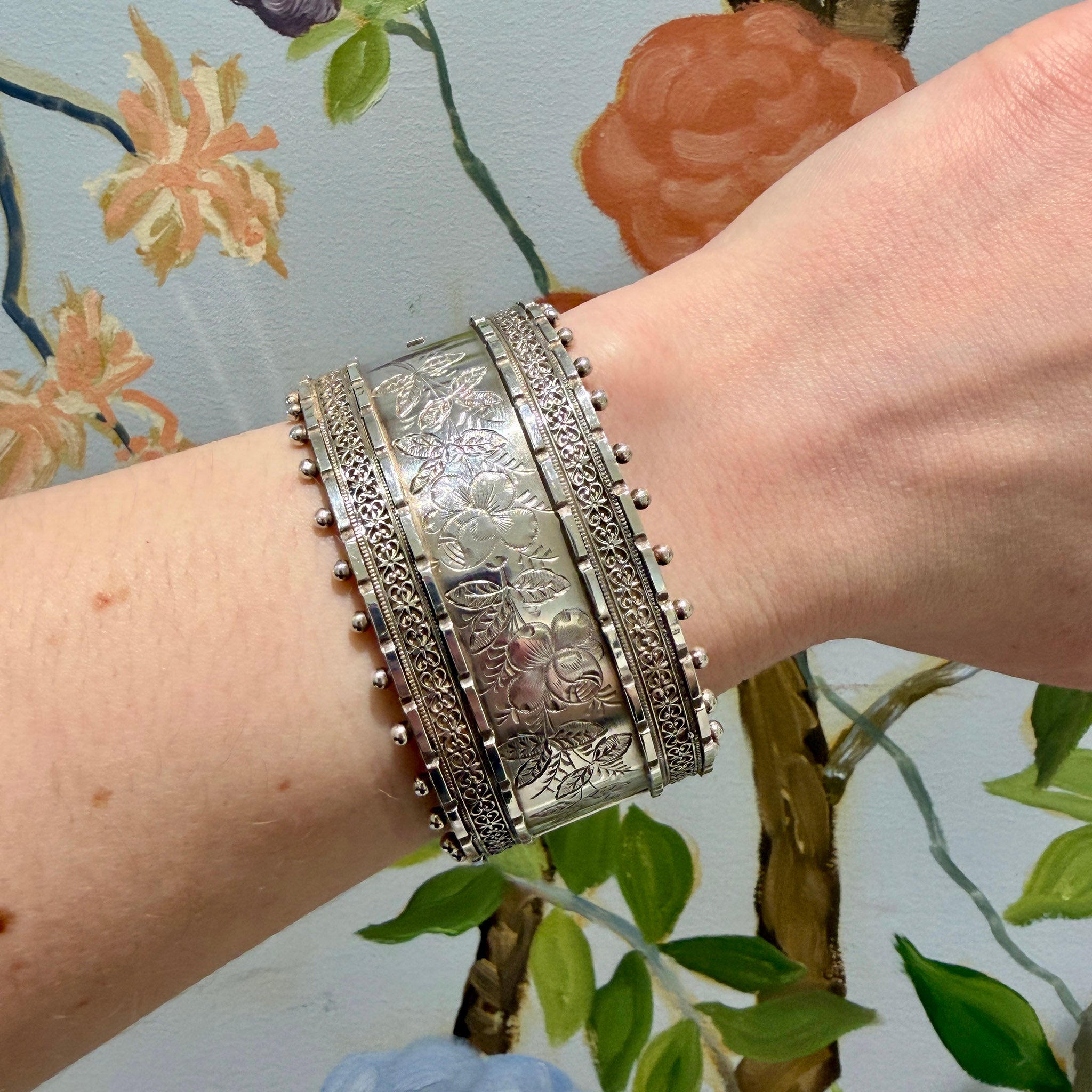 Victorian Ornate Sterling Silver Wide Bangle