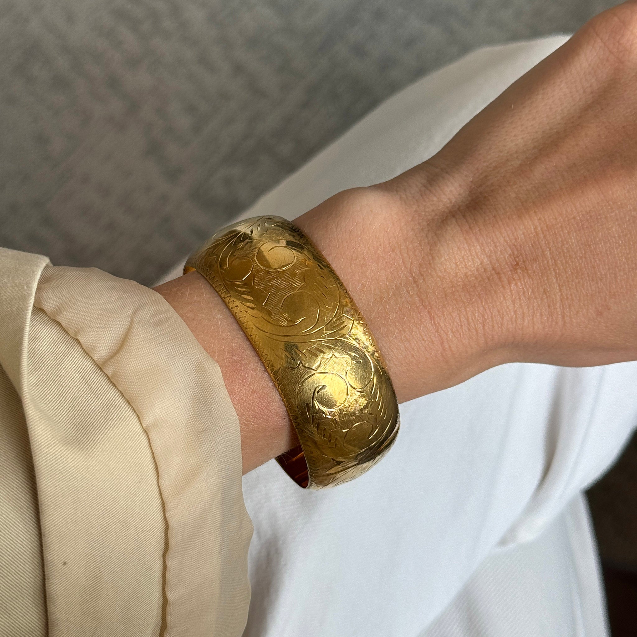 Vintage Engraved Gold Vermeil Wide Bangle