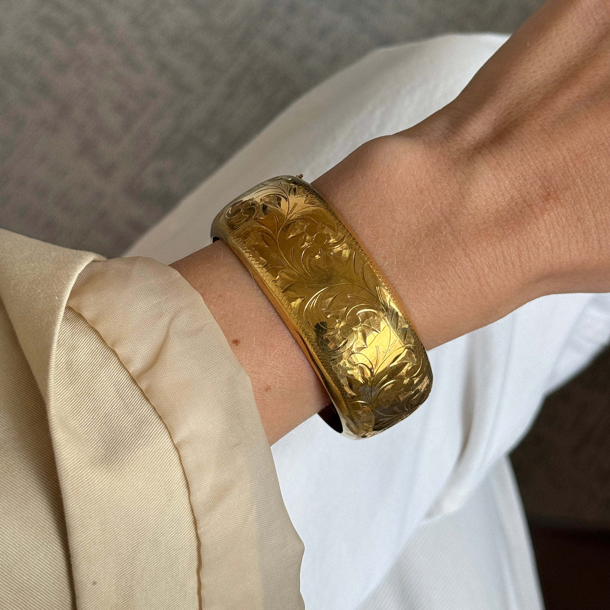 Vintage Engraved Gold Vermeil Wide Bangle