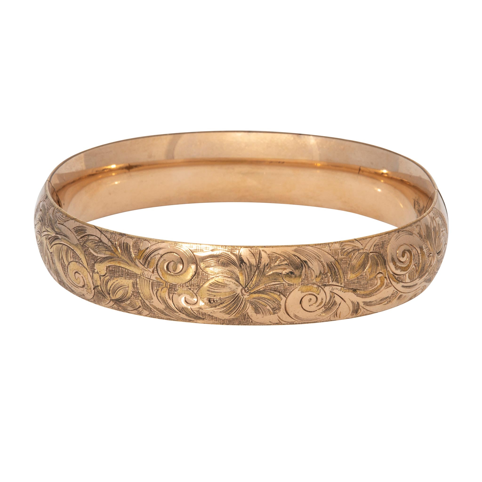 Vintage Engraved Floral & Scroll Pattern Gold-Filled Bangle