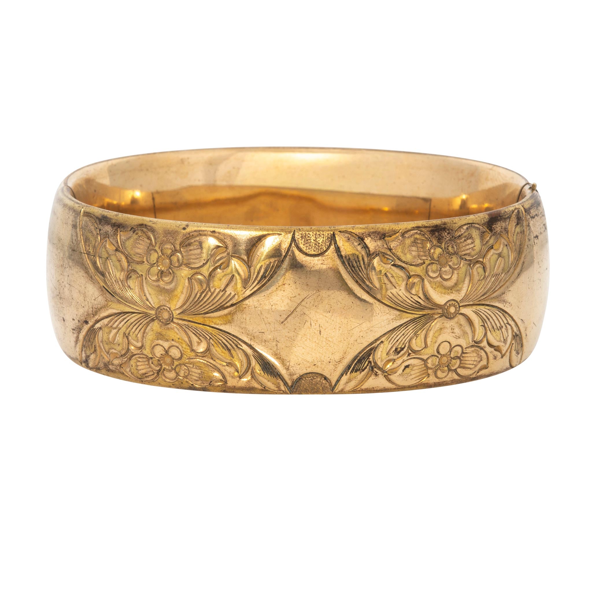 Vintage Engraved Floral Pattern Gold-Filled Wide Bangle