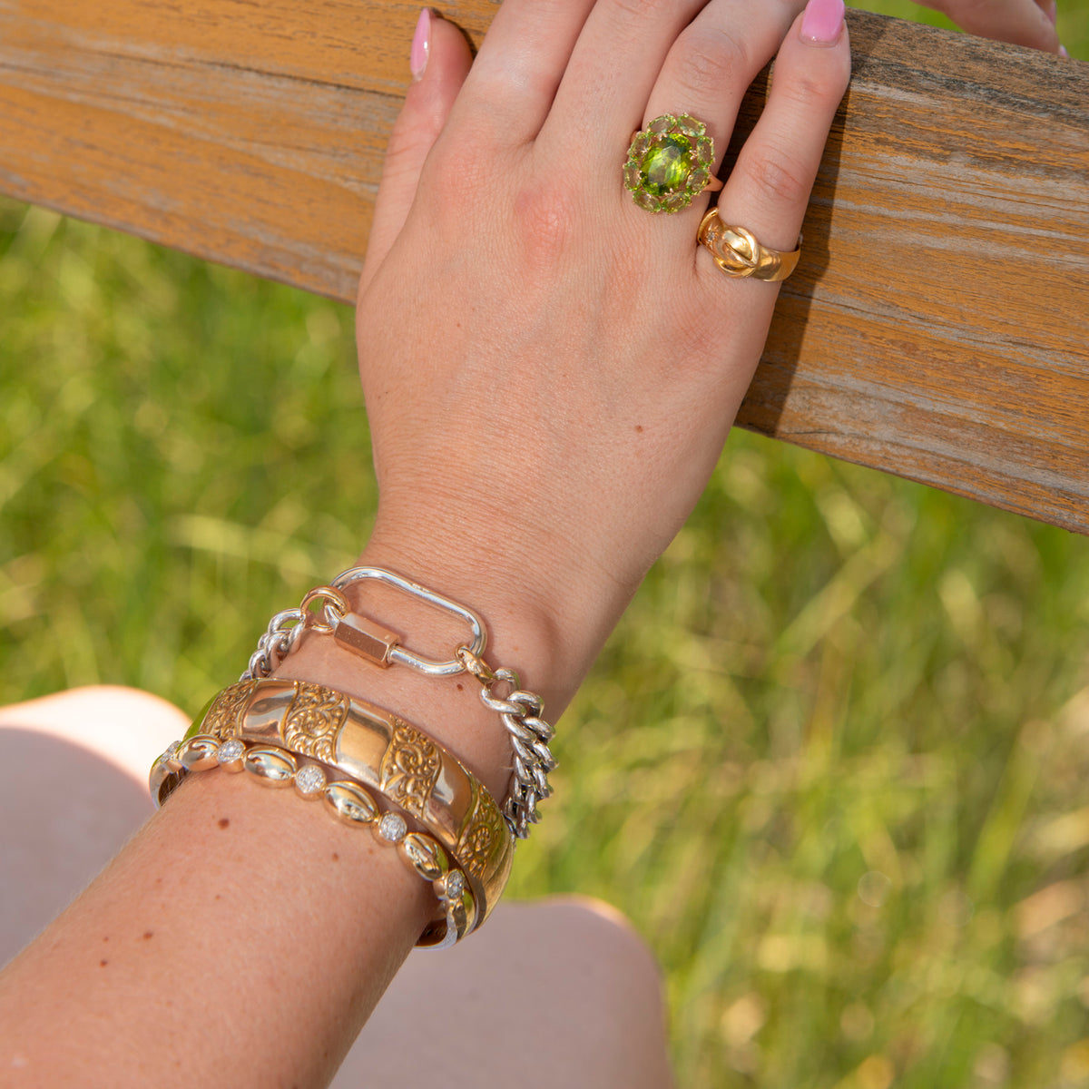 Edwardian Diamond 2-Stone 18K Yellow Gold Buckle Ring, Marla Aaron Mixed Metals Regular Lock, Marla Aaron Silver Mini Mega Curb Chain Bracelet, Vintage Scroll Pattern Gold-Filled Wide Bangle, The Mary Pavé Diamond Station Polished Oval Cuff