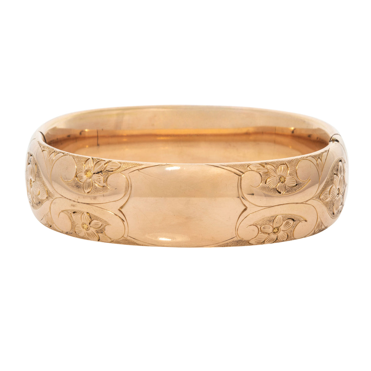 Vintage Engraved Floral Pattern Wide Gold-Filled Bangle on a white background.