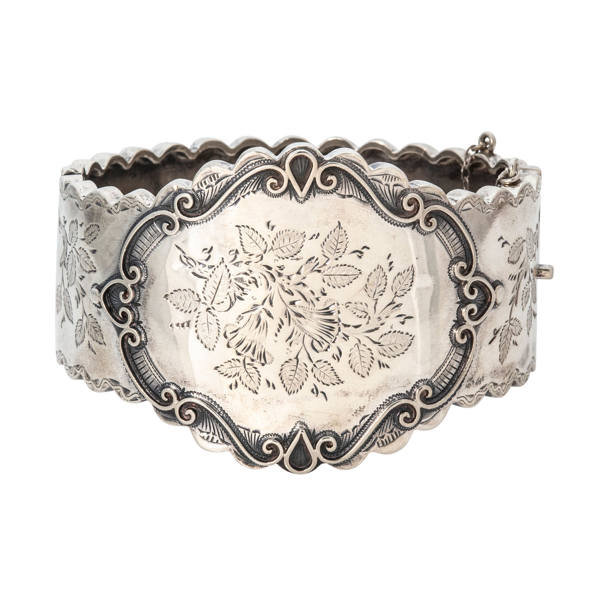 Victorian Ornate Floral Sterling Silver Wide Bangle
