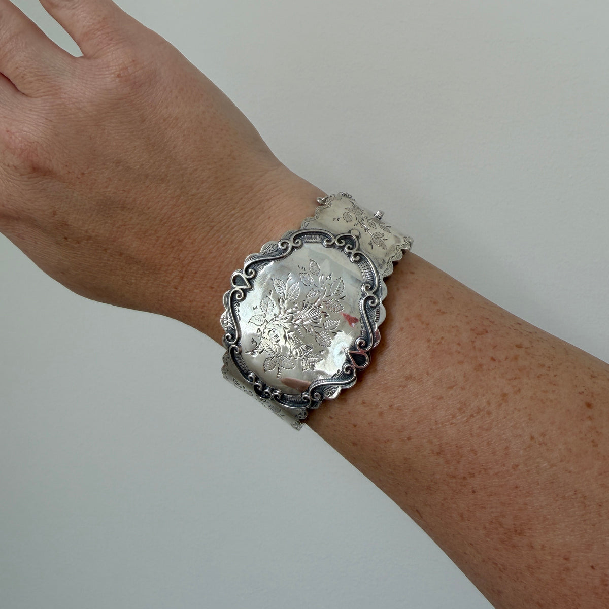Victorian Ornate Floral Sterling Silver Wide Bangle